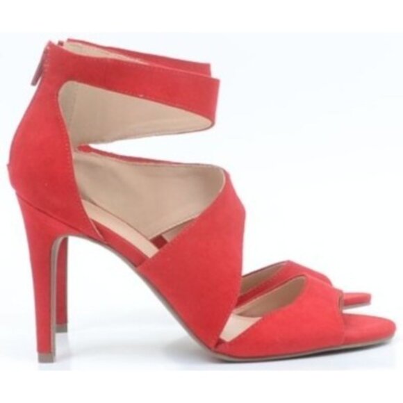 Christian Siriano Women's 9 Open Toe Heels Sandals Red Suede Coquette Stiletto - Picture 2 of 8